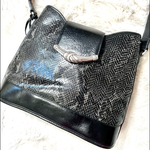 VINTAGE BRIGHTON BLACK LEATHER BAG Snake embossed - Picture 13 of 16